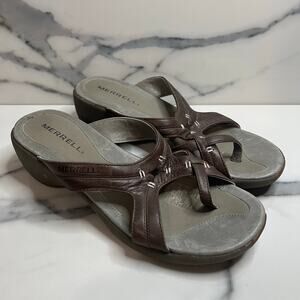 Merrell Women's Brown Leather Sundial Spin Bracken Wedge Sandals Sz 9 Outdoors